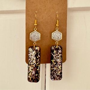 Bar Holographic Glitter Resin Drop Earrings in black with Druzy Stone NEW